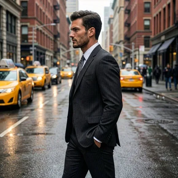 New 2026 Mens 3pc Pinstripe Dark Grey Suit Set, Hybrid Fit - Picture 2 of 3